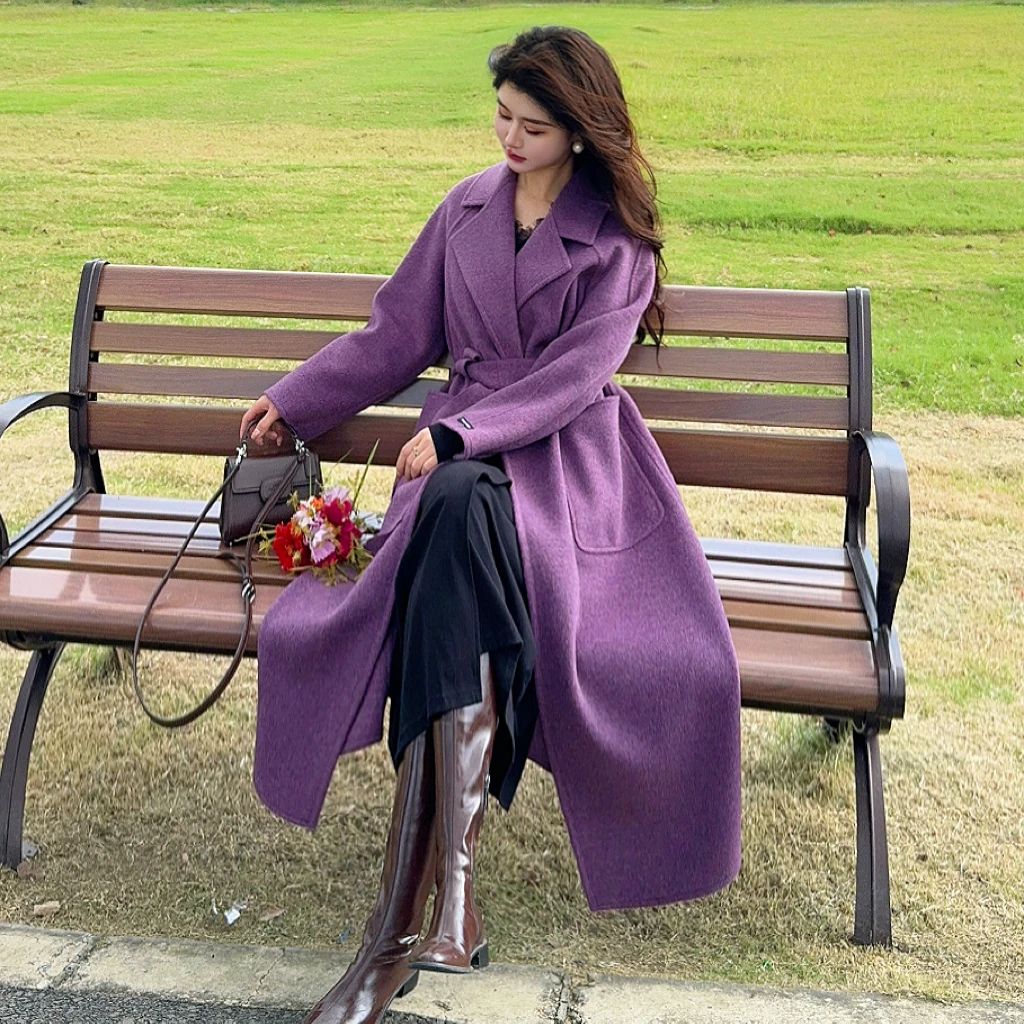 女士秋冬款高级双面呢长款显瘦时尚加厚外套百搭大衣