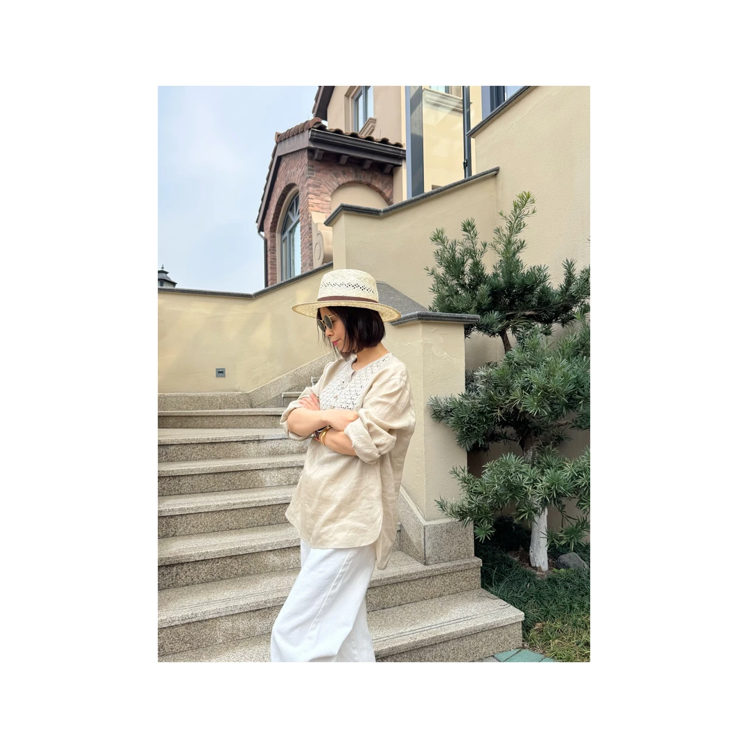 【浪花】MRQ25001气质休闲百搭圆领32支亚麻手工重工钩花衬衫