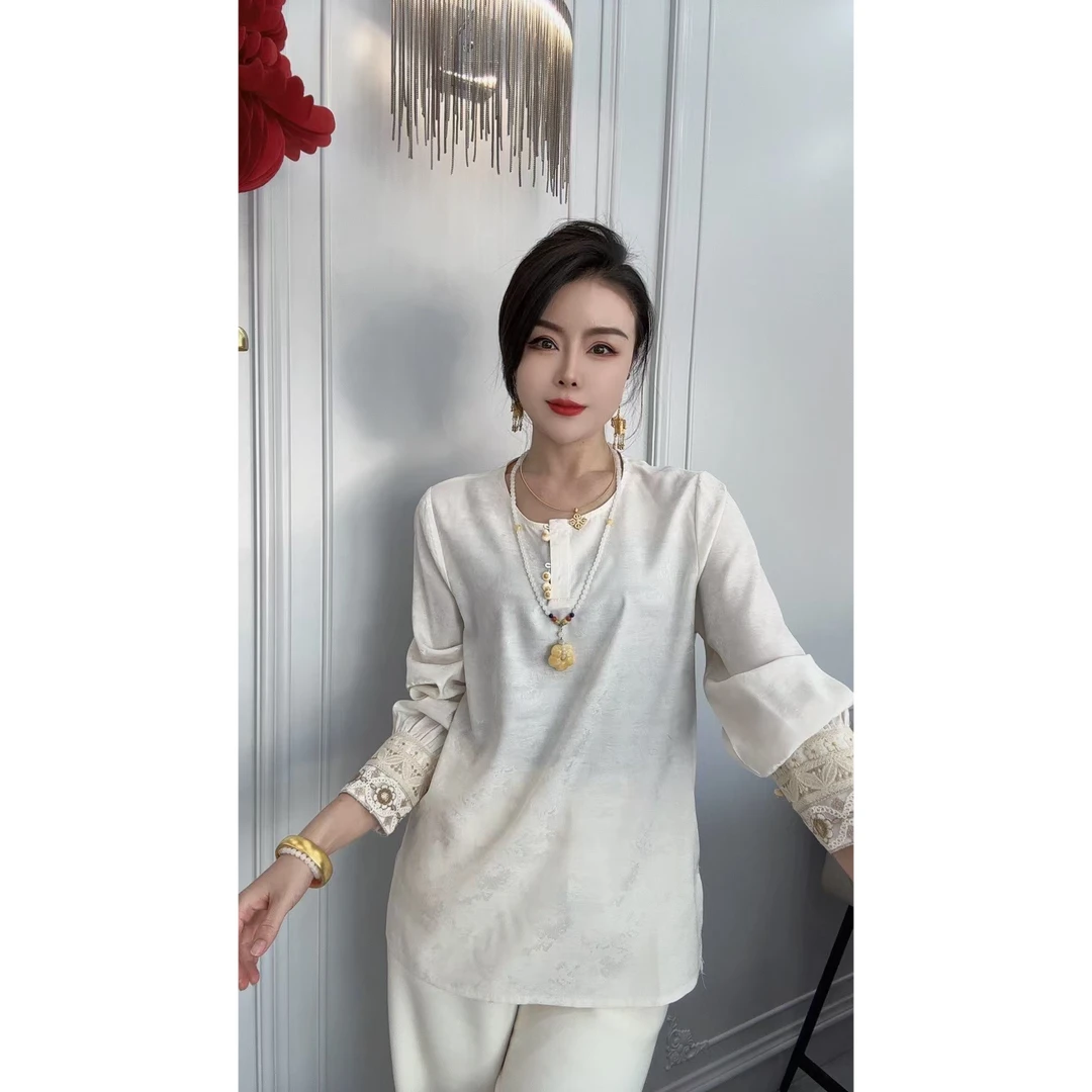 ［文静家］春季袖口钉珠衬衣缎面提花小衫上衣女