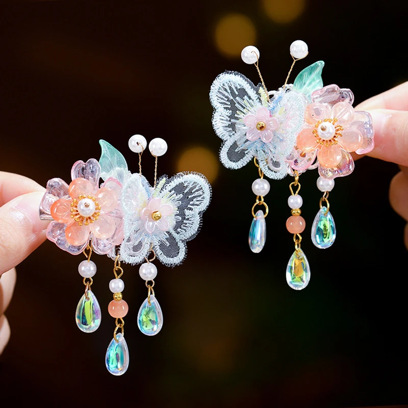 新款古风儿童汉服头饰刺绣蝴蝶花朵流苏发夹女童可爱超仙古装发饰