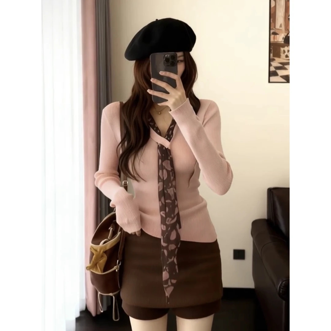 烬韩系气质波点丝带v领毛衣女秋冬季修身显瘦内搭温柔长袖打底上