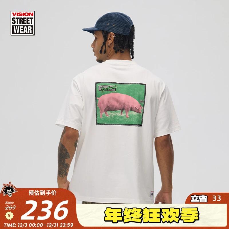 VISION 美式复刻系列pink pig做旧街头圆领短袖T恤复古印花 25新