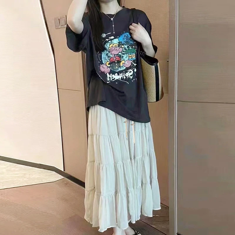 孕妇装套装夏季韩系宽松印花短袖T恤上衣＋无托腹蛋糕裙两件套装