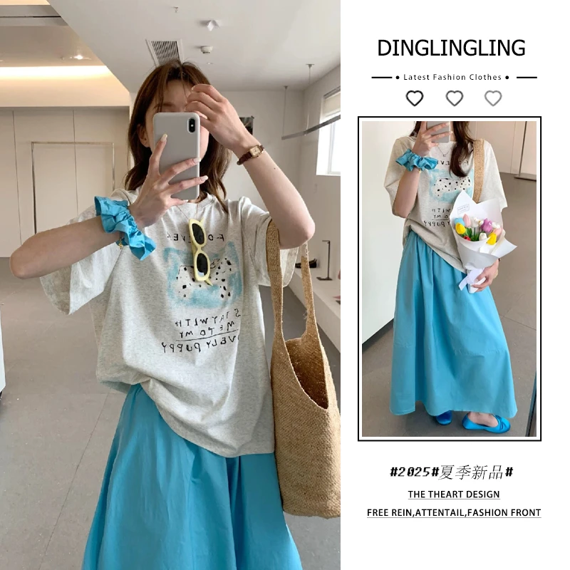 2025年夏季新款韩穿搭套装女设计感斑点狗印花短袖半身裙三件套潮