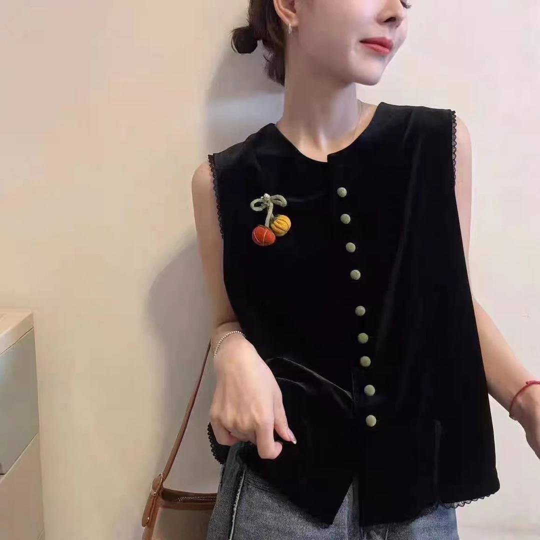 秋季马夹宽松洋气型纯色拼接复古显瘦丝绒马甲中式