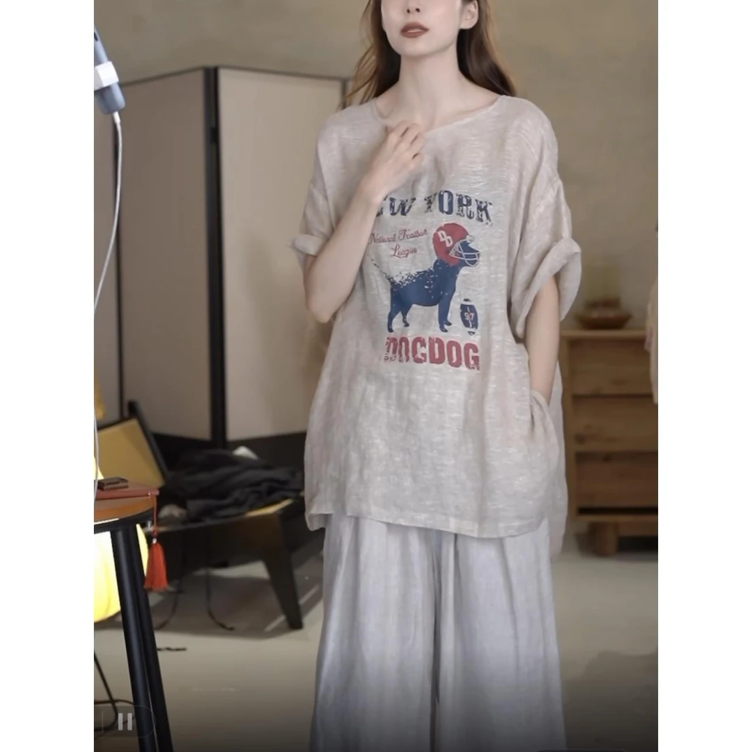 亚麻卡通小狗字母字母印花圆领中长款T恤女夏季新款百搭休闲上衣