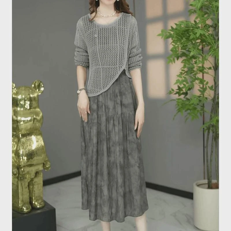 2024秋新款水墨印花连衣裙套装女宽松遮肉不对称上衣中长裙两件套