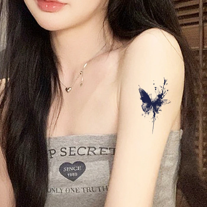 水墨蝴蝶草本纹身贴女防水持久不反光可水洗游泳防汗手臂仿真刺青