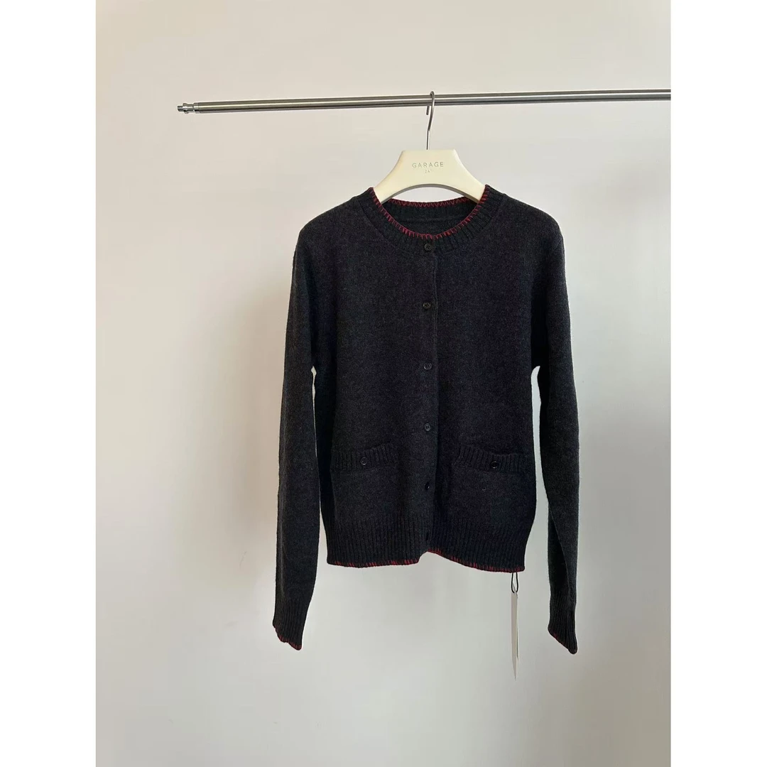 DONGDATOU 领口撞色羊毛针织开衫毛衣