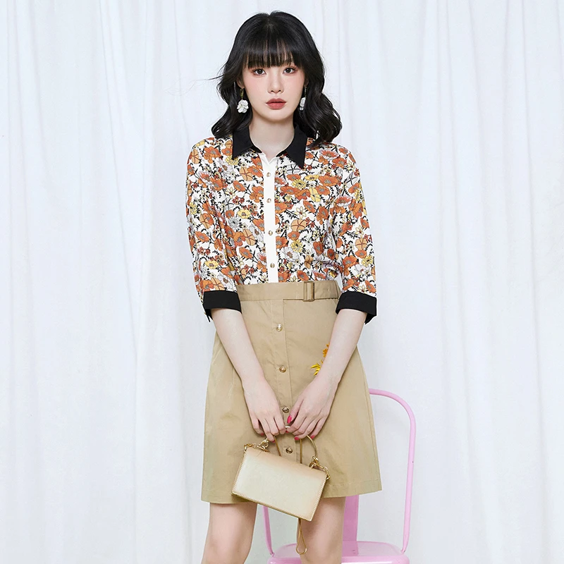 42NY0U0091宽松花色上衣+中裙两件套装女