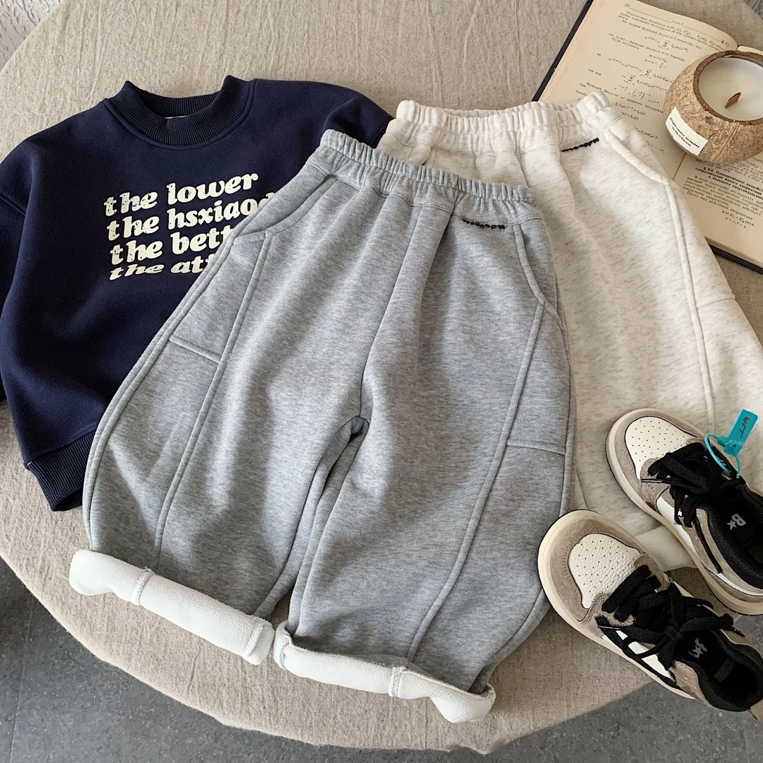 小童拼接加绒运动裤男女童2025秋冬装宝宝保暖卫裤儿童加厚休闲裤