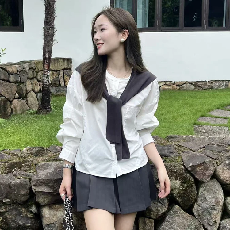 liyunzhen李允珍8178衬衫女2025早秋圆领带披肩减龄显瘦短款上衣