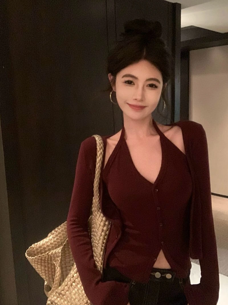 长袖T恤女短款纯欲风性感风法式修身收腰开衫时尚假两件上衣女潮