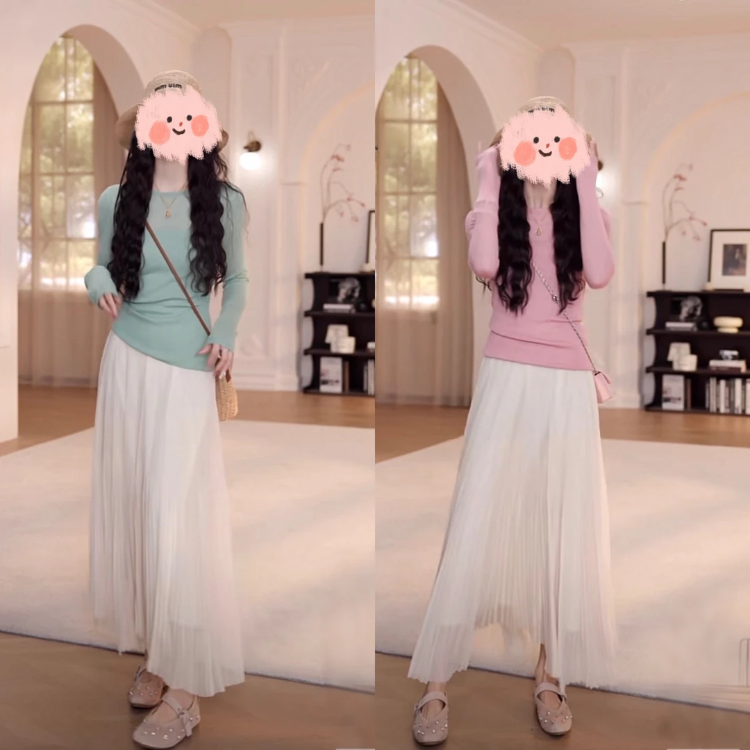 夏季新款纯色罩衫显瘦针织长袖洋气褶皱不规则半身裙套装