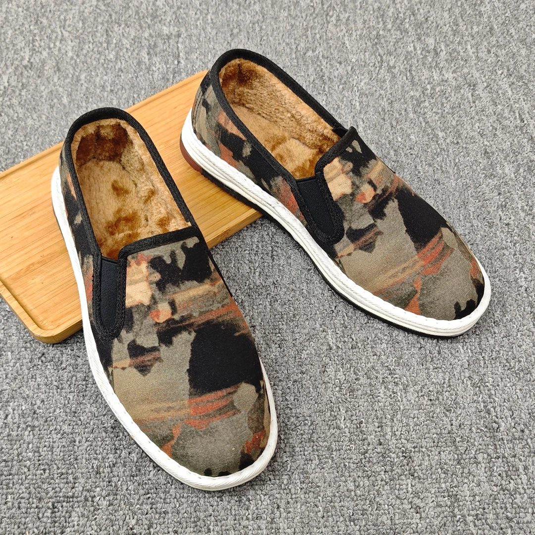 冬季加绒加厚棉鞋老北京布鞋男水墨风百搭懒人一脚蹬保暖软底布鞋