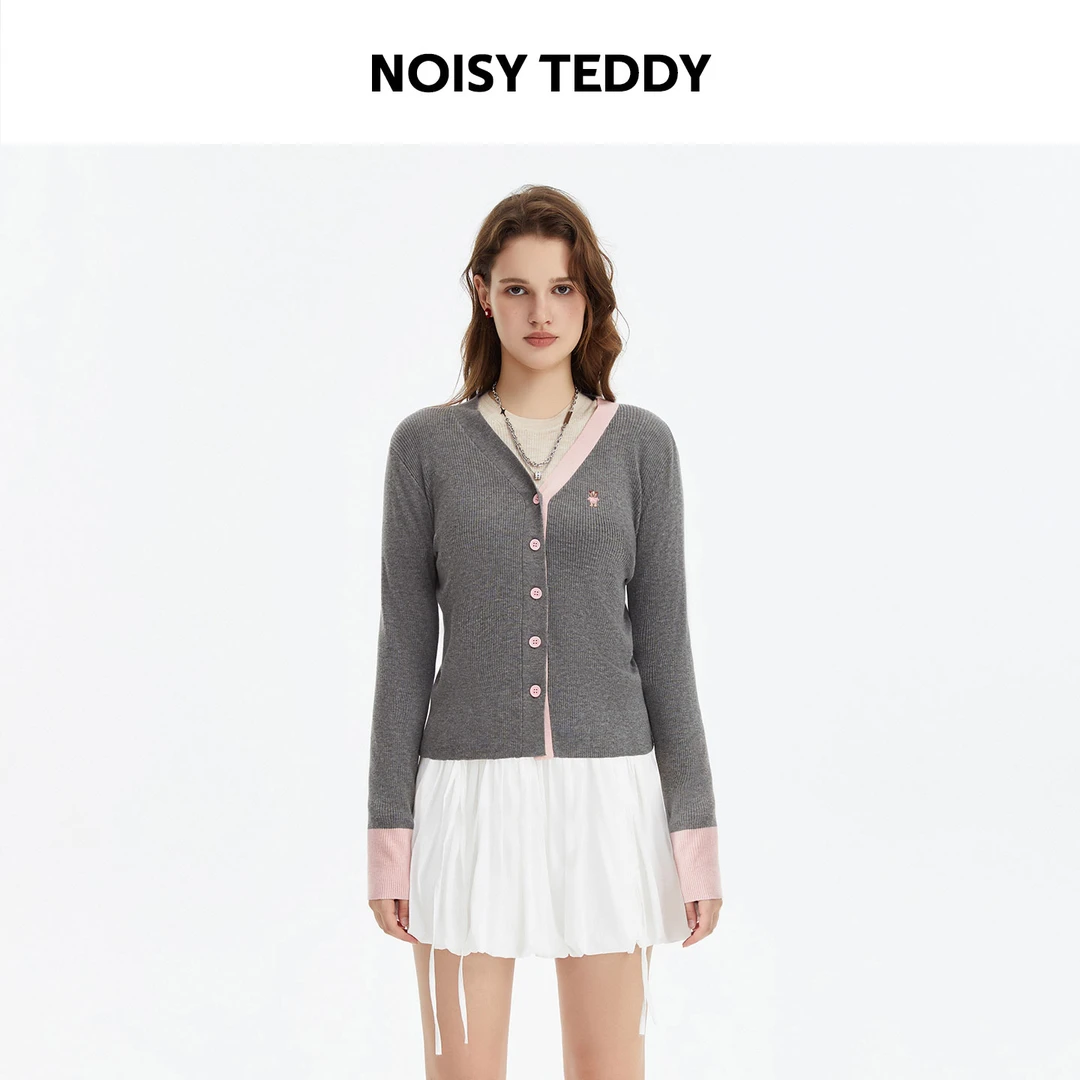 NOISY TEDDY学院风刺绣小熊撞色针织开衫简约百搭秋冬毛衣外套女