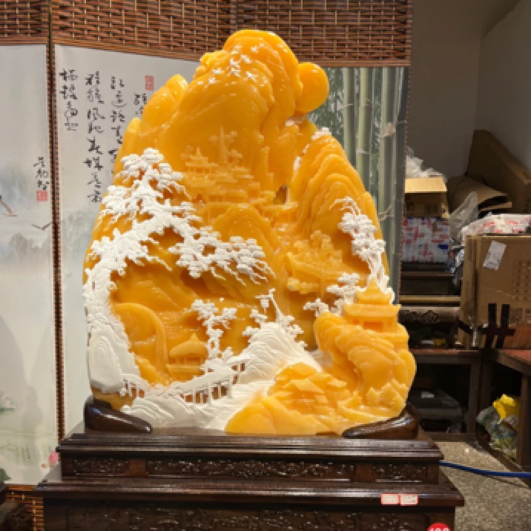 家居玄关落地大山水石雕艺术品、印尼石金田黄大山水直接落地摆件