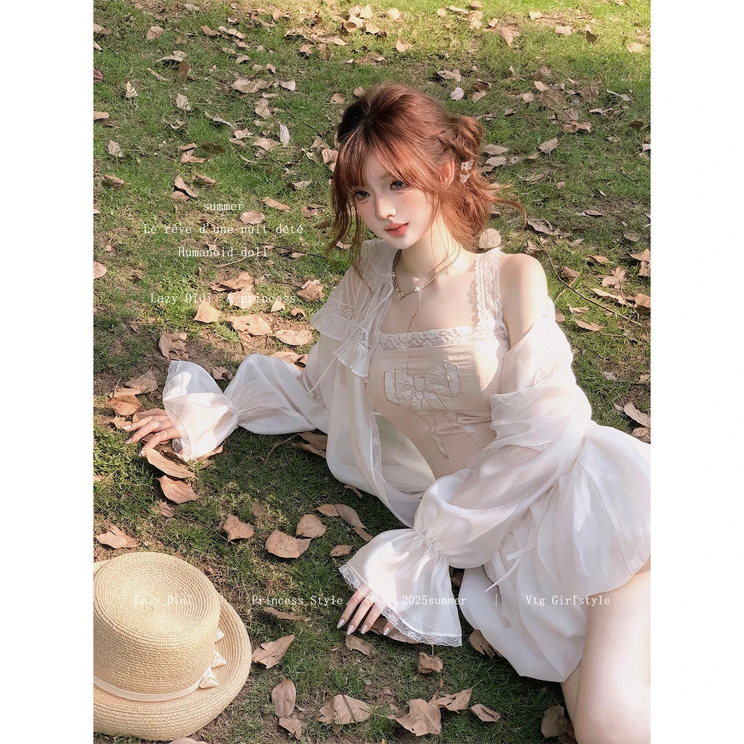 Lazy Didi渐入佳境 古典刺绣吊带衬衫慵懒感轻薄气质衬衣外套