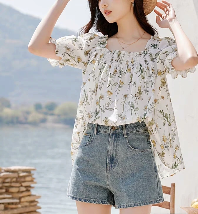 <1401>A碎花休闲风常规款短袖雪纺衫韩版夏季火龙果色风