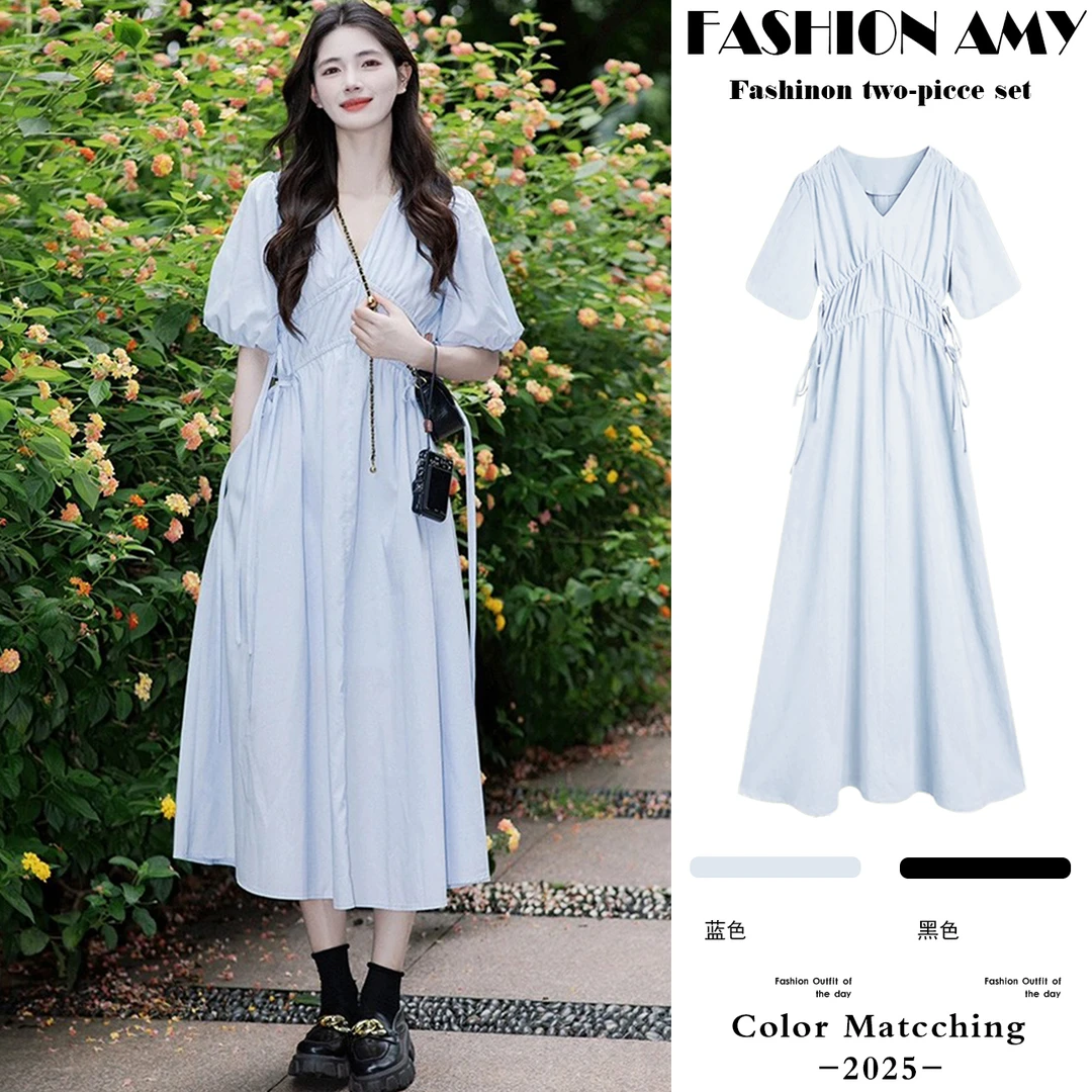 孕妇连衣裙夏季新款时尚法式气质V领温柔风泡泡袖收腰显瘦长裙子1