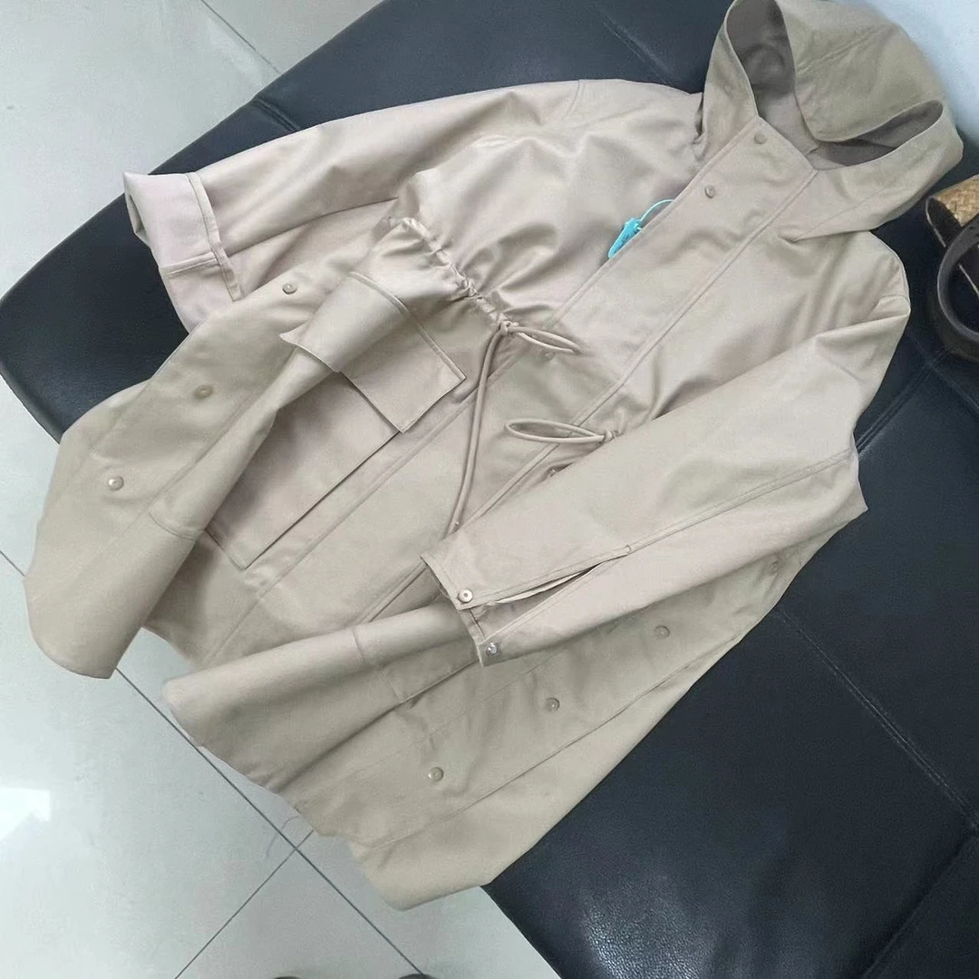 CS012春装高品质外单多余挺括连帽抽绳收腰风衣女士