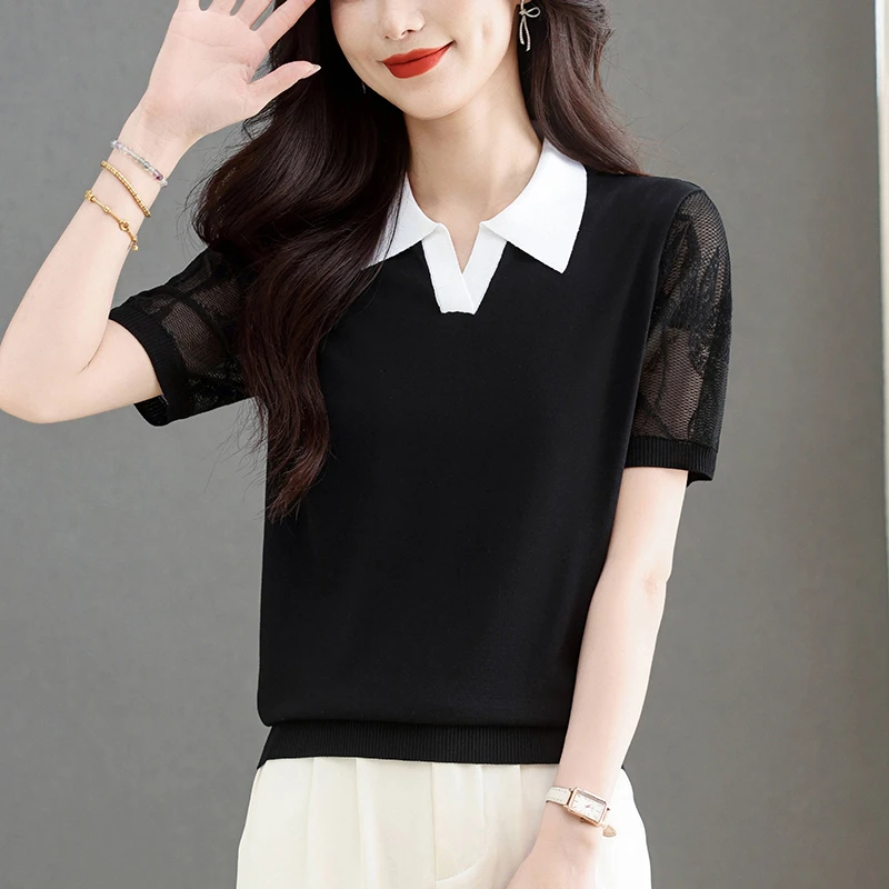 纱袖拼接上衣女漂亮洋气高级感短袖t恤2025新款气质显瘦翻领小衫
