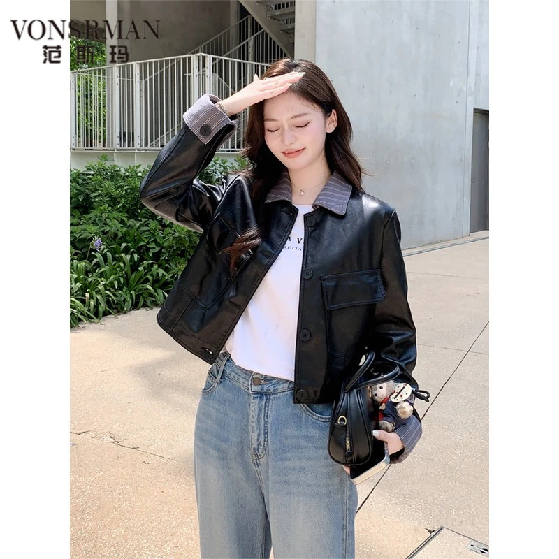 2025新款时尚好看气质休闲设计感短款翻领皮衣外套 VONSRMAN