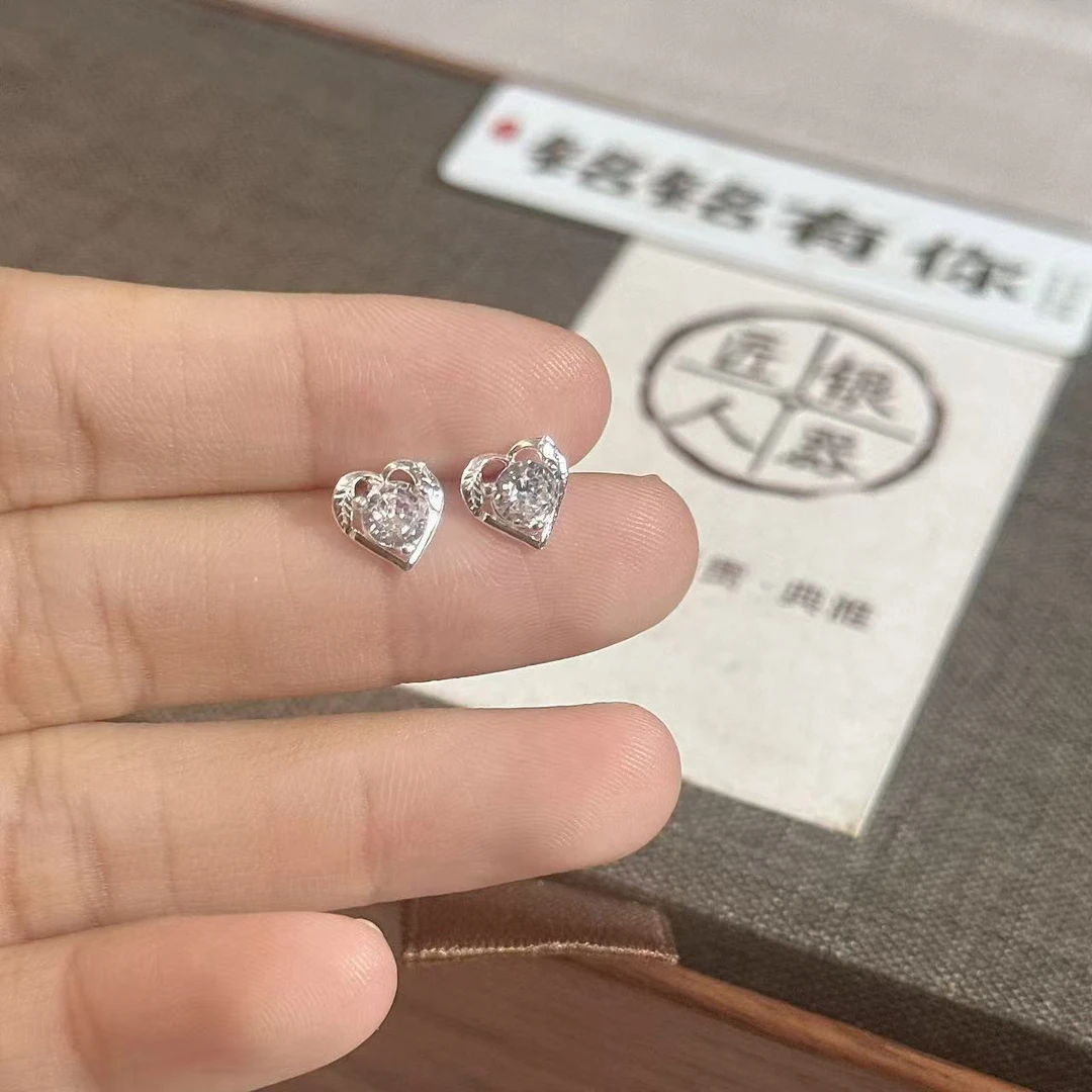 铭铭有你 足银耳饰 爱心镶嵌（弯钩款）耳钉