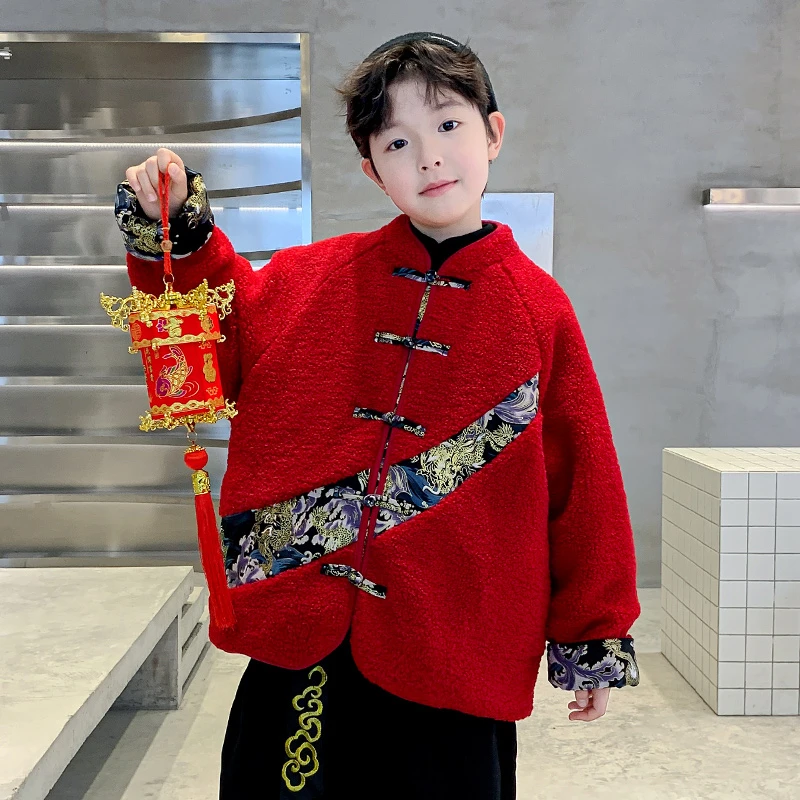 儿童装男童外套加厚冬季2026新款本命年马年男孩红色汉服拜年服潮