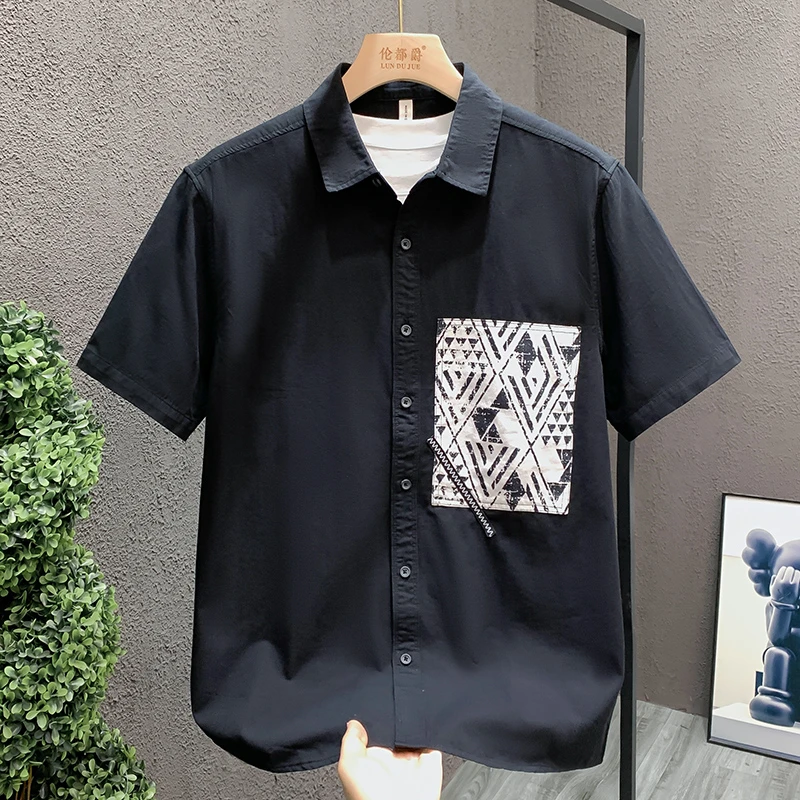 轻奢潮牌个性拼接短袖男装衬衫时尚青年文艺上衣休闲韩版百搭衬衣