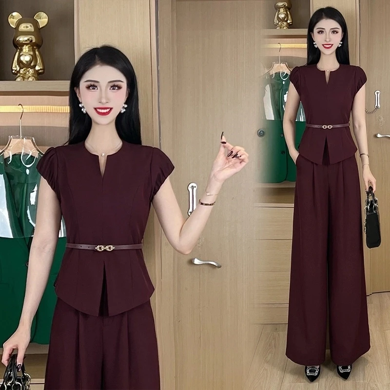 【送运费险】职业套装设计师款气质V领收腰显瘦阔腿裤OL新款两件套