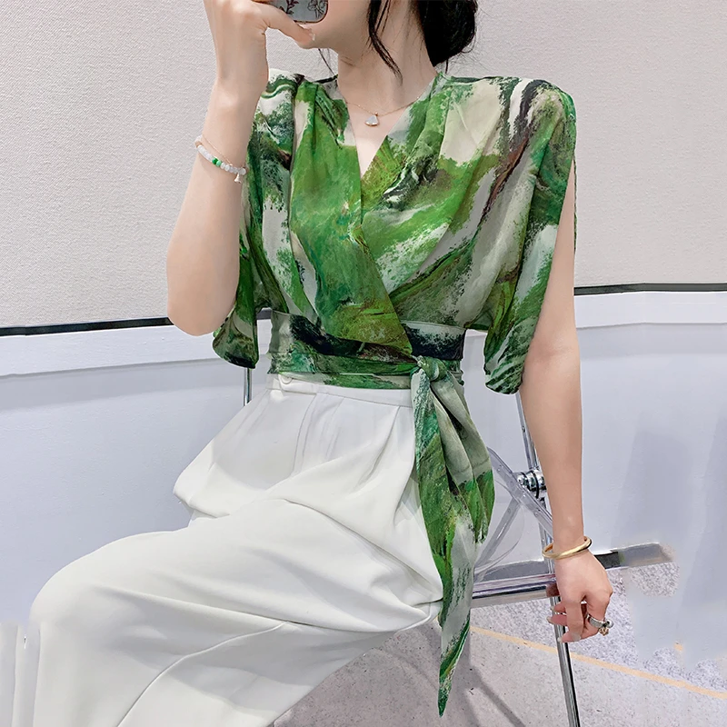 2025夏季新款性感V领飘带短袖T恤设计感扎染印花雪纺上衣短款小衫