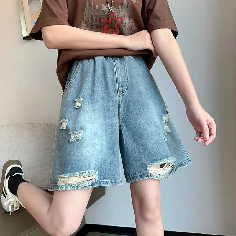 胖mm大码松紧腰外穿牛仔短裤女生夏天五分裤阔腿高腰破洞学生中裤
