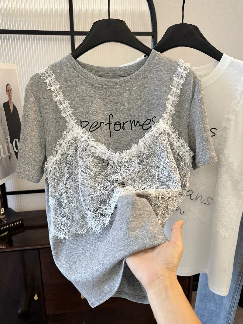 中大童夏季新款蕾丝假两件短袖T恤儿童洋气圆领针织公主韩版上衣