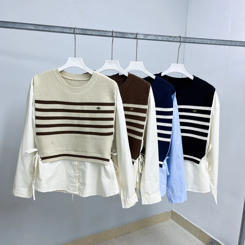 129女士春款针织衫 时尚条纹假两件拼接长袖设计感