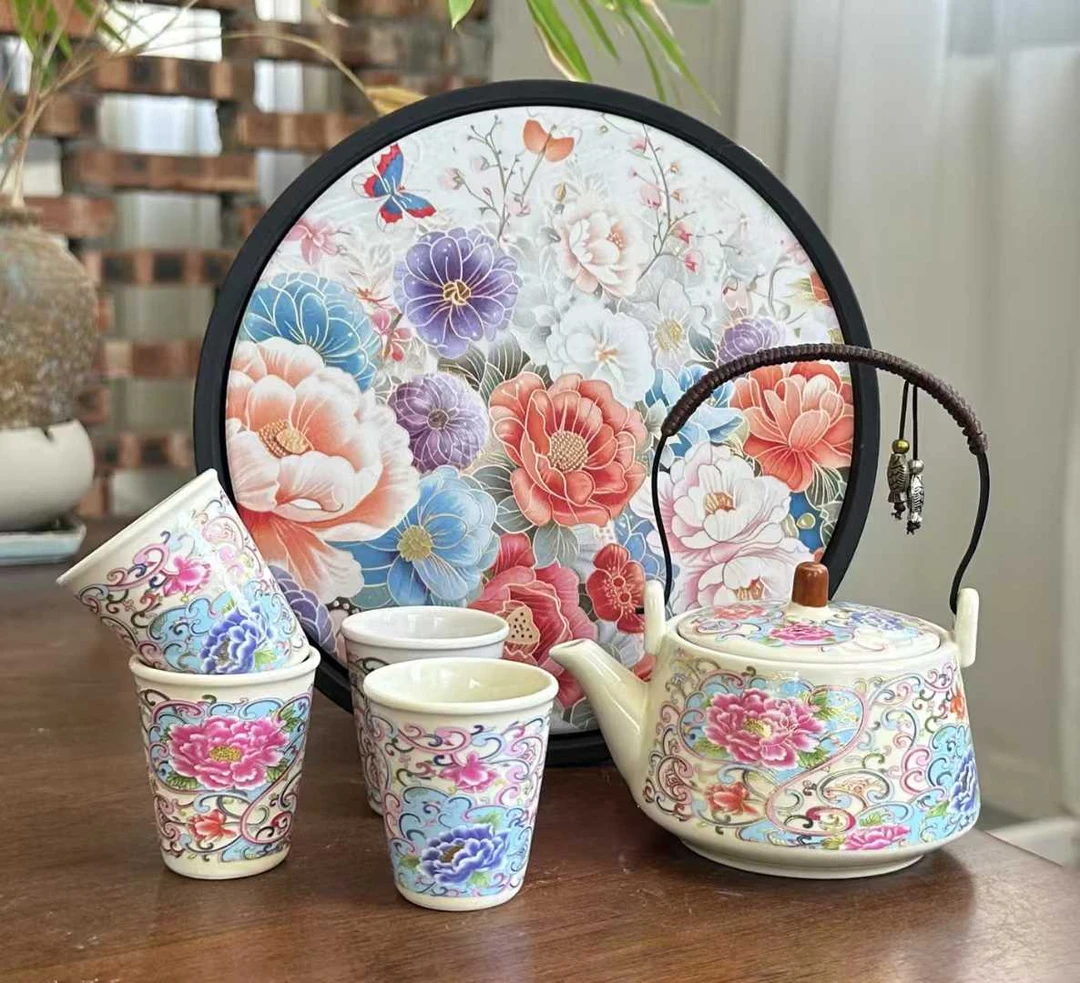 复古中式茶具提梁壶金丝牡丹1壶4日式杯圆形吸水茶盘繁花似锦图
