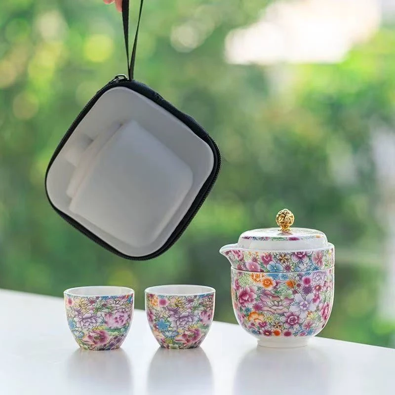 秋香茶具 珐琅彩万花金粒旅行茶具户外便携式旅行茶具-5085
