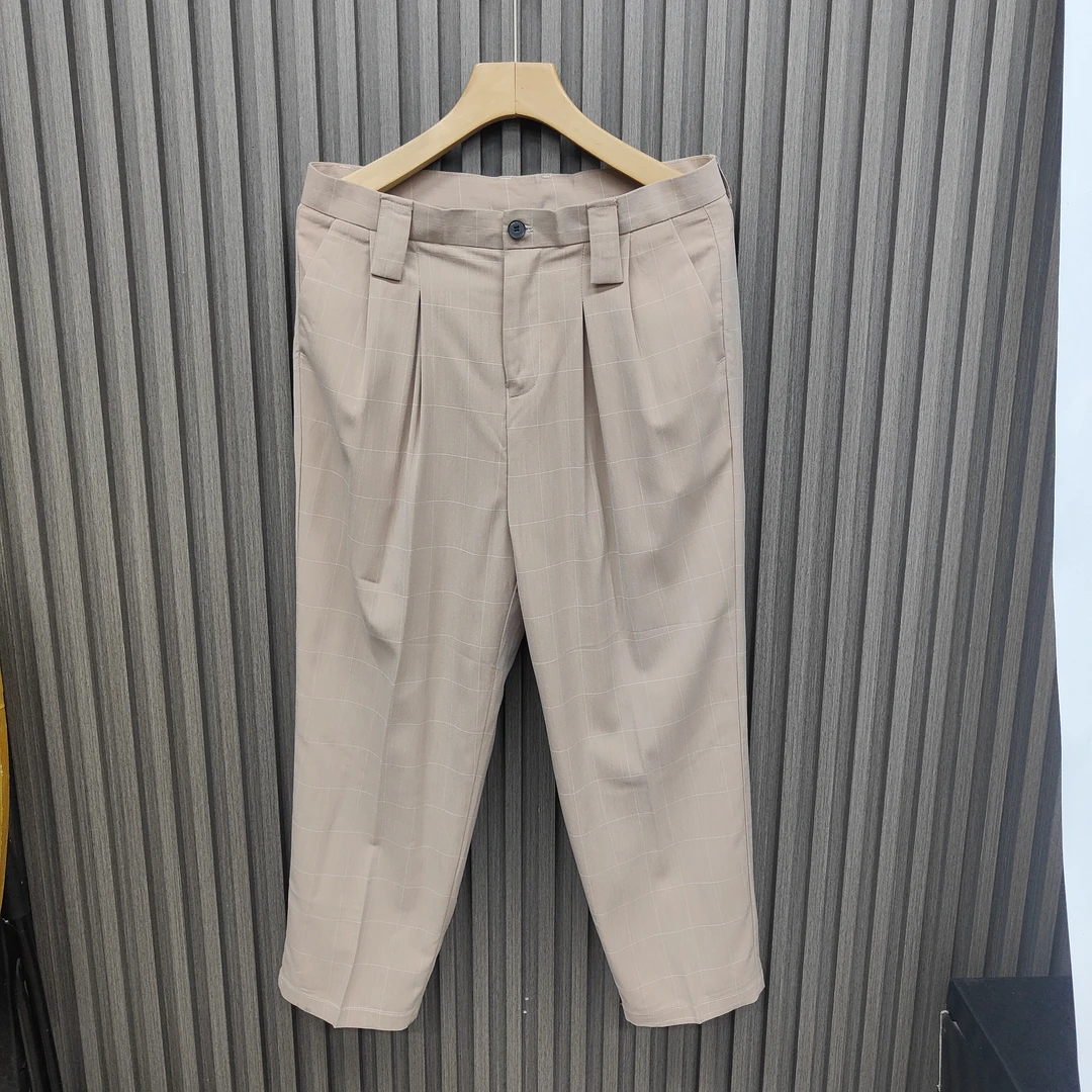 男士极简风垂感小直筒裤休闲百搭修身格子裤子痞帅长款西裤24103