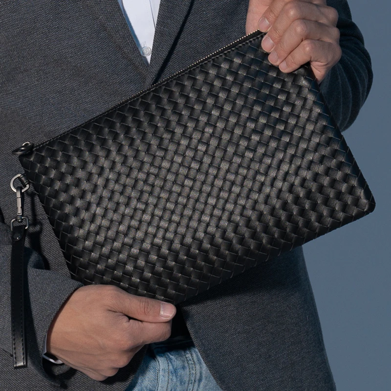 X&BV手拿包男真皮手包夹包大容量信封包时尚编织男包休闲手抓包男