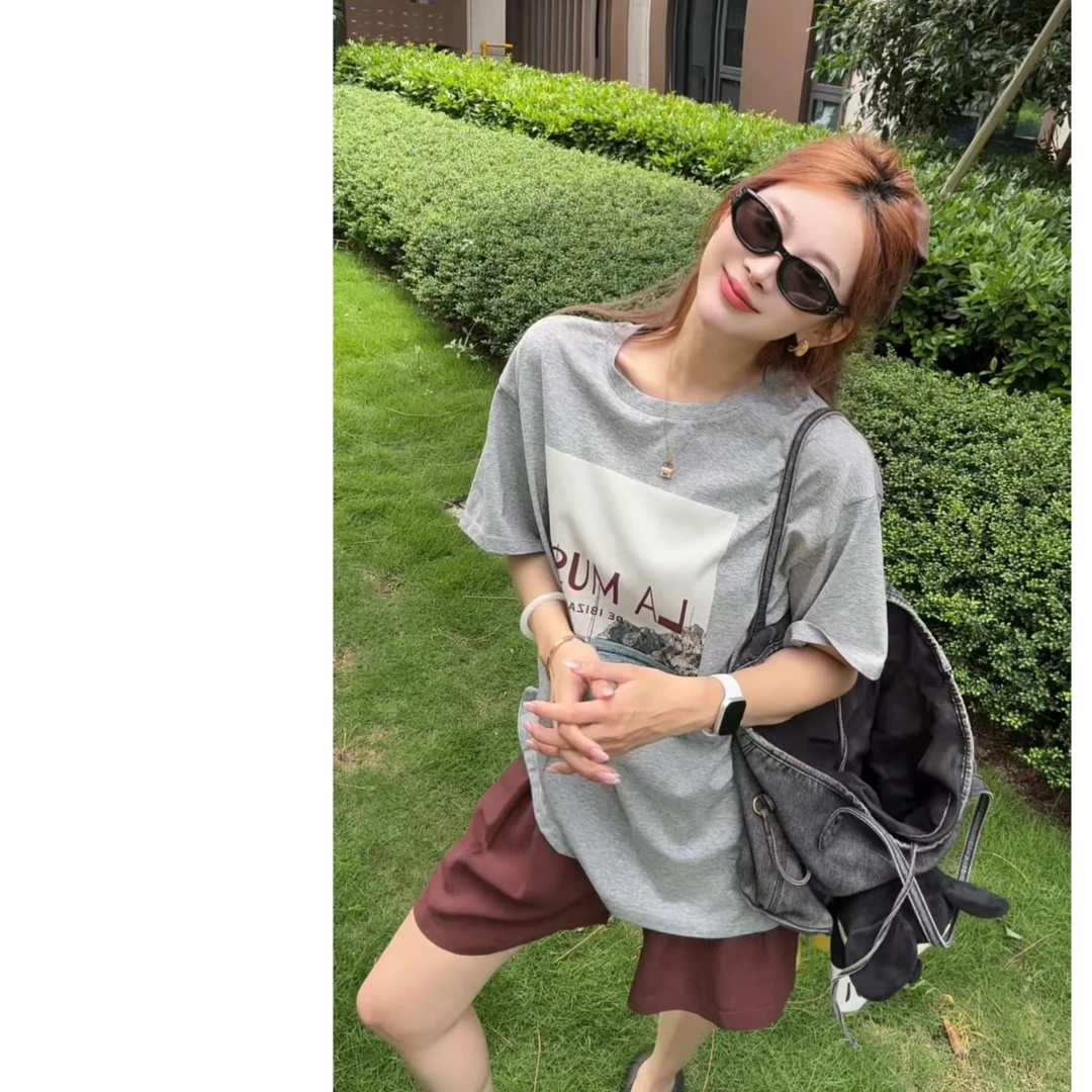 墨迹姐高个子微胖“帆船印花”简约麻里棉宽松圆领短袖T恤女 2089