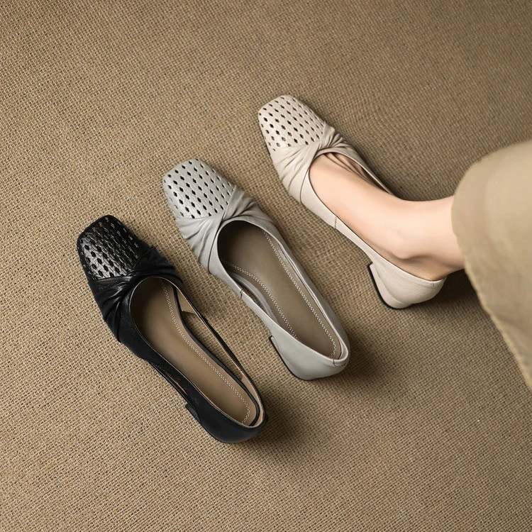 轻奢2025新款真皮包头凉鞋女夏粗跟镂空方头浅口单鞋全皮编织玛丽