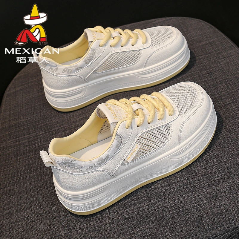 稻草人小白鞋女2025新款夏季网面透气板鞋百搭厚底学生运动休闲鞋