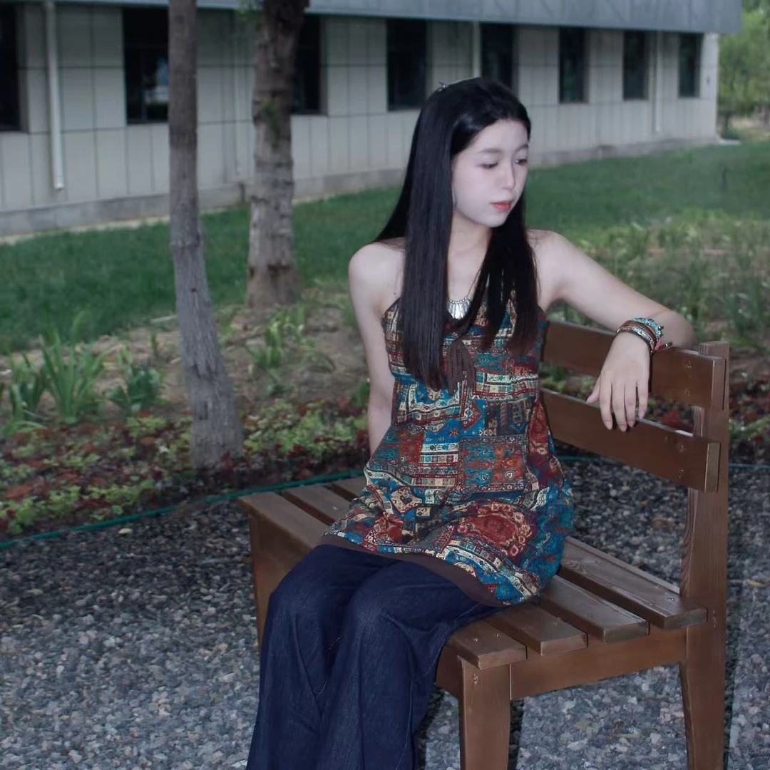 复古夏季壁画款吊带挂脖