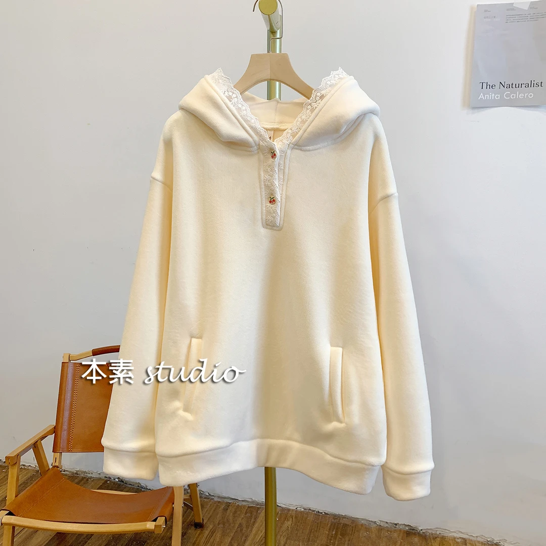 C3165加绒蕾丝边两粒扣连帽毛绒卫衣