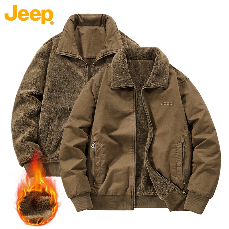 Jeep吉普男士2025年冬季加绒加厚棉衣休闲外套翻领保暖棉服双面穿