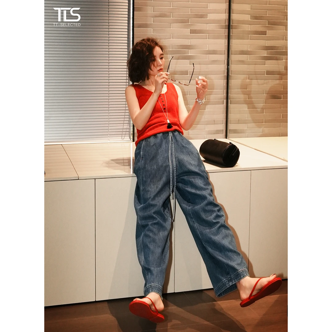 TT【企鹅牛仔】苎麻+棉阔腿显瘦直筒松紧腰牛仔裤TT-11NZ81447