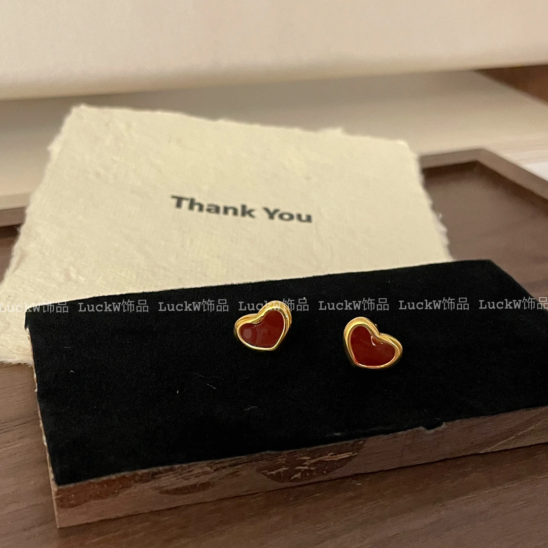 钛钢耳饰 复古精致ins红色滴釉小众法式甜美红色爱心耳饰耳钉女