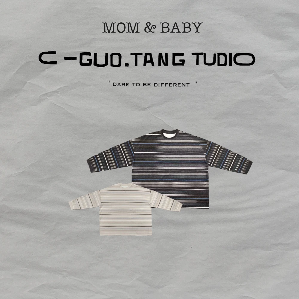 C-Guo.Tang Studio原创亲子全棉男童做旧雪花感条纹宽松长袖T恤