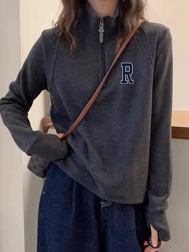 半拉链上衣休闲风设计感德绒显瘦正肩秋冬内搭加绒长袖打底T恤女