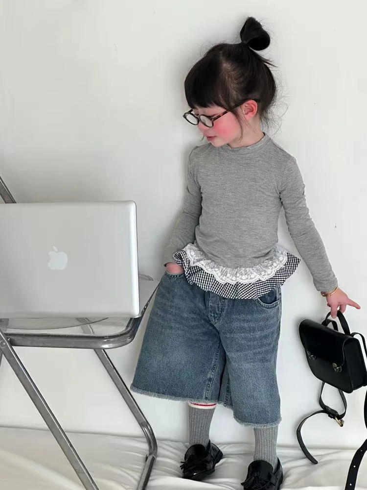 女童2025春秋新款儿童洋气时髦甜美拼接格子蕾丝花边上衣牛仔套装